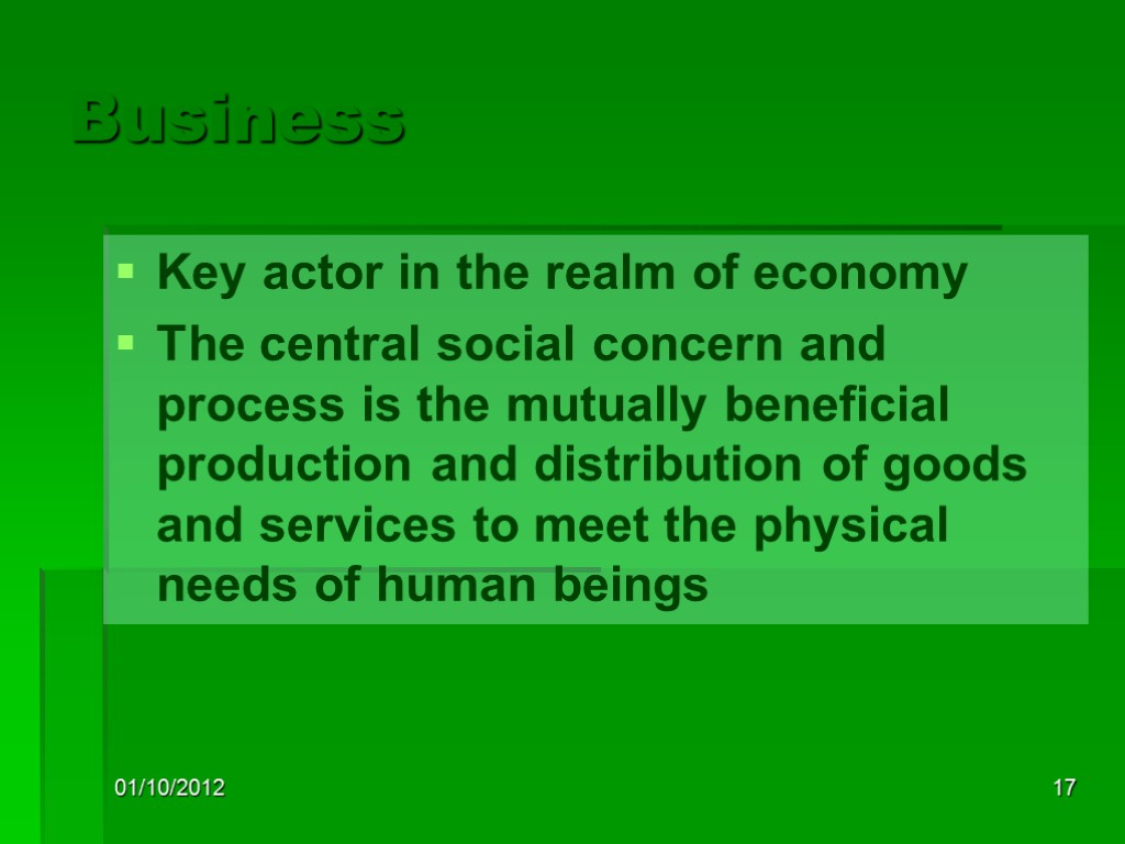 01/10/2012 17 Business Key actor in the realm of economy The central social concern
